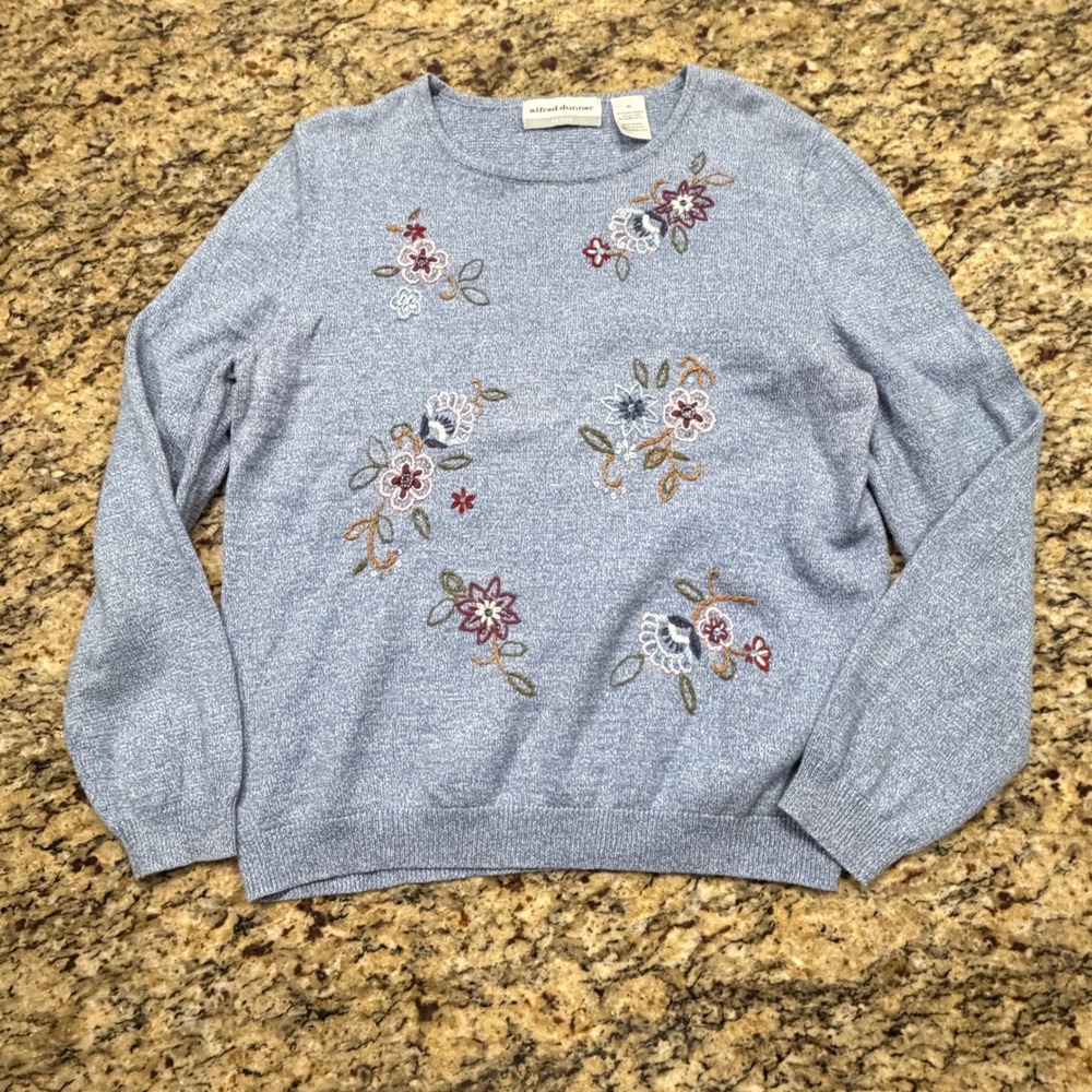 Alfred Dunner Petite Blue Floral Embroidered‎ Sequin Sweater Ramie Cotton PL